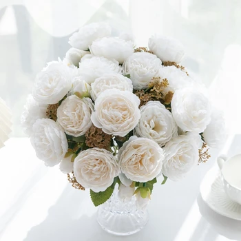 1 бр. 5 глави дамаска роза изкуствени цветя за дома декоративна саксия DIY коледен венец сватба булчински букет декорация