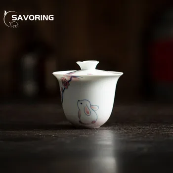 120ml чист ръчно рисуван прах заек керамични капак купа подглазура цвят чай купа дами чай вземане анти попарване Gaiwan Teaset