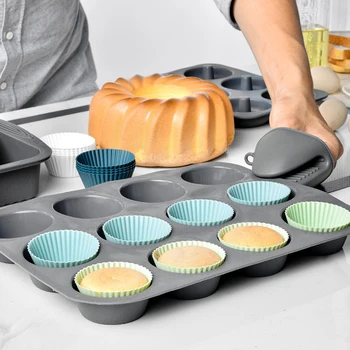 12Pcs/Set Силиконова форма за торта BPA Безплатни силиконови подложки за кексчета за многократна употреба Безопасна съдомиялна машина Нетоксични консумативи за готвене