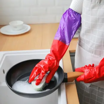 1Pair дълги гумени кадифени домакински ръкавици Миене на съдове Каучук водоустойчив против хлъзгане сгъстяване топли ръкавици скрубер кухня почистване