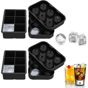 2 Pack Ice Cube Molds-1Pack силиконова сфера лед мухъл топка машина 1Pack голям квадратен тава за уиски, коктейли & бърбън мухъл