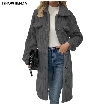 2023 Ежедневни палта Y2k върхове есен зима жени руно якета палто мода завой надолу яка дълъг ръкав плътен цвят плюш дълго до