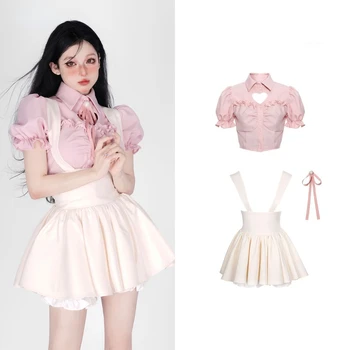 2023 Летни японски Kawaill сладко парти костюми стил жени розова блуза с къс ръкав + чист цвят мини пола модни екипировки