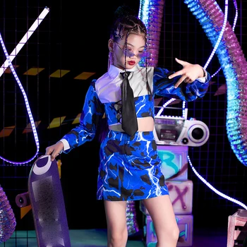 2023 Модни джаз танцови представления костюми за момичета Blue Loose Kpop Outfits Детска бална зала Хип-хоп Рейв дрехи DQL8116