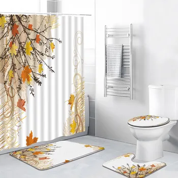 4pcs/Set пейзажи душ завеса есен жълто дърво листа кленов лист отпечатани баня декор баня мат килим тоалетна капак