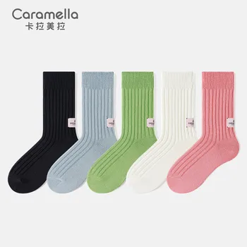 5pairs/lot Плътен цвят жени Средна тръба чорапи бонбони цвят тенденция мъже чорапи чист памук комфорт ретро дебели линии зимни чорапи