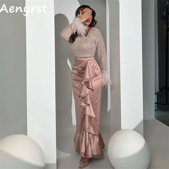 Aenyrst елегантен дълъг ръкав пайети пера абитуриентски рокли русалка сатен къдри коктейлни рокли глезена дължина вечеря парти рокля