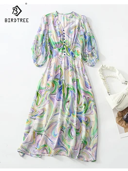 Birdtree 100% Mulberry коприна летни рокли за жени 2023 Елегантен v-образно деколте реколта висока талия печат A-линия дълго Midi рокля D38123QC
