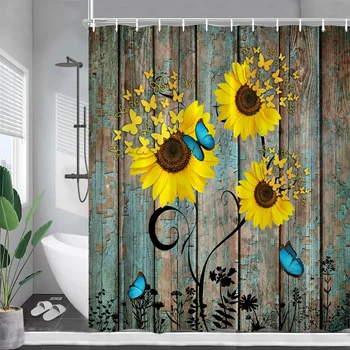 Butterfly слънчоглед душ завеси селски ферма дървена дъска цветя баня завеса водоустойчив плат баня декор с куки