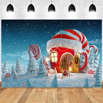 Candy Cane House Коледен фон Зимен сняг Коледа парти декорации банер карикатура бонбони къща магазин фотография фон