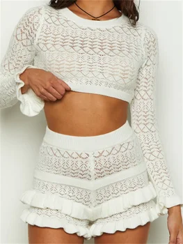 CHRONSTYLE жени летни плетени шорти костюми твърди O-образно деколте дълъг ръкав пуловери Crop върховете висока талия шорти 2 броя комплекти 2023