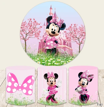 Disney Мини Маус кръг момиче рожден ден фон принцеса рожден ден бебе душ розови цветя кръг цилиндър капак фон