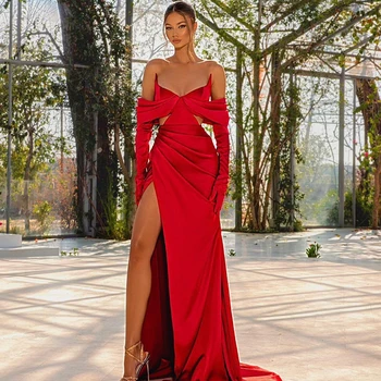 Eightree Официална русалка абитуриентски рокли Червена сатенена вечерна рокля без ръкавици Страничен прорез Дължина на пода Коктейл парти рокля плюс размер