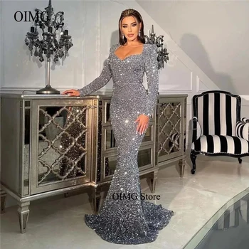 Glitter пайети русалка вечерни рокли дълги ръкави скъпа Дубай арабски жени искрящи официални сребърни сиви абитуриентски рокли