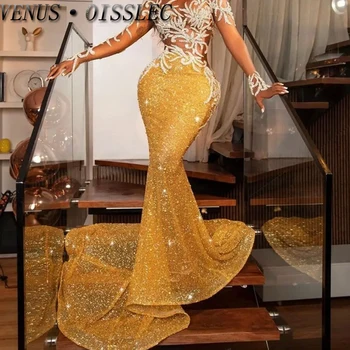 Gold Sequined Beaded Applique Evening Dress Luxury Sexy Prom Party Celebrity Dresses For Women Ladies Custom Size Gown Robe Gala