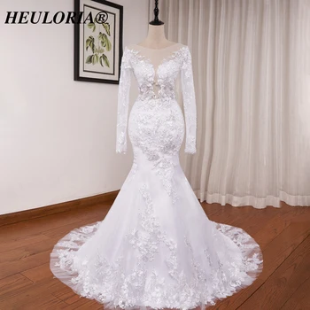 HEULORIA русалка сватбени рокли дълъг ръкав дантела апликация мъниста булката рокля роба де mariage персонализирате