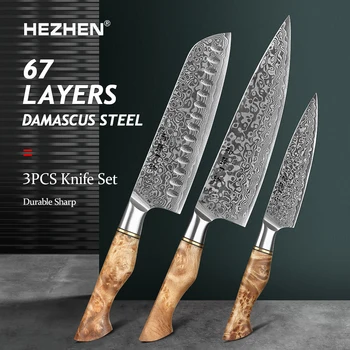 HEZHEN 3PC Kinves-Set Professional Damascus Steel Chef Santoku Utility Knife Sharp Cook Кухненски нож Set