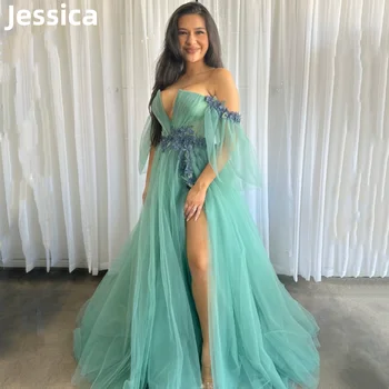 Jessica 3D Decals Абитуриентски рокли Зелена тюл вечерна рокля извън рамото страна цепка елегантен дама официални поводи парти рокля