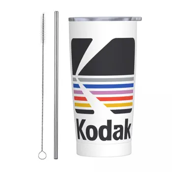 Kodak фотография лого Чаша вакуум изолирани чаши за кафе с капак слама двойна стена чаша разлив доказателство, 20oz