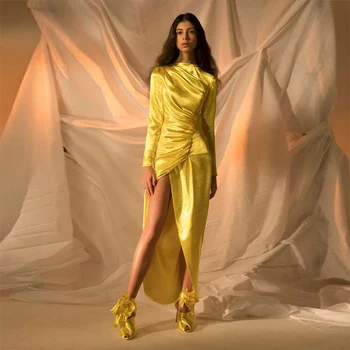 KSDN Жълта абитуриентска рокля жени дълъг ръкав плисе високо деколте прав сатен официален повод елегантен вечерна рокля луксозно парти 2023