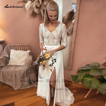 Lakshmigown Simple A Line шифон Boho сватбена рокля дантела половин ръкав 2023 Ballkleider секси булчински плаж сватбена рокля страна сплит