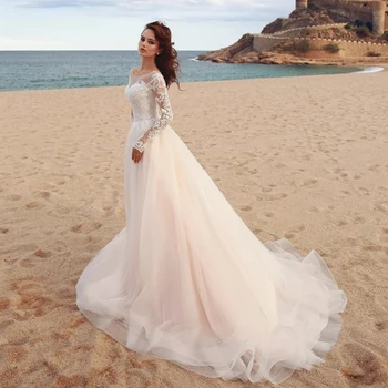 LISER плажна сватбена рокля за жени Boho 2024 дълги ръкави A-Line лъжичка врата почистване влак тюл дантела булката рокли