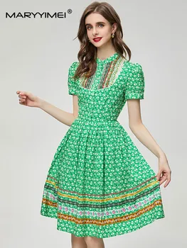 MARYYIMEI моден дизайнер дамски летни памук отпечатани къс ръкав бутон триизмерна декорация зелена рокля