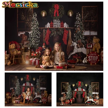 Mocsicka Коледна украса Фотография Фон Коледни елхи Ретро камина играчка мечка кон подаръци декори студио фотозона