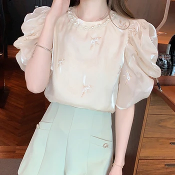 Pearl O-образно деколте кайсия бродерия женски блузи лято бутер ръкав елегантна блуза френски стил шик офис дами