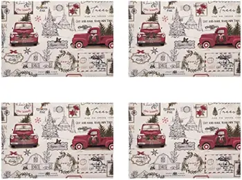 Pine Hill Fabric Holiday Christmas Farm Truck Print Placemats Farm Fresh Allover Print Set of 4 Placemats Масичка за кафе