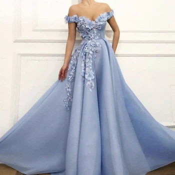 POMUSE Off the Shoulder къси ръкави Елегантни абитуриентски рокли A-Line апликации Тюл вечерни рокли robe de soirée de mariage