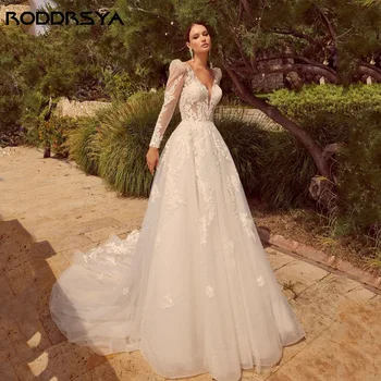 RODDRSYA Безгръбначна V-образно деколте дантелена сватбена рокля A-Line дълги ръкави тюл булчинска рокля апликация елегантен бутон vestidos de novia 2024