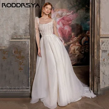 RODDRSYA дълъг ръкав квадратна яка сватбена рокля органза дантела A-line принцеса vestido boda граждански Backless по поръчка направени за булката