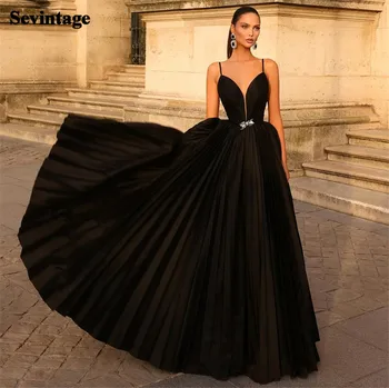 Sevintage елегантна черна A-Line сатенена абитуриентска рокля спагети каишка без ръкави етаж дължина обвивка вечерна рокля vestido de gala