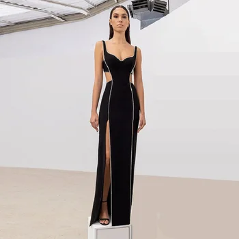 Square Neck Matte Satin Black Woman Clothes Floor Length Beaded Prom Dress Long Evening Dresses With Slit Ever Preety Gown