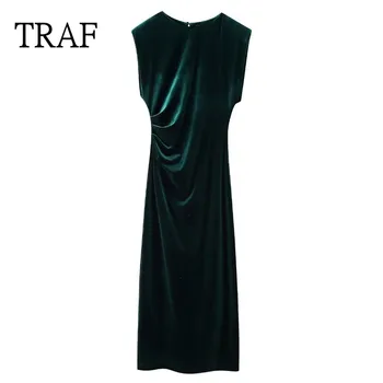 TRAF Зелени дълги рокли за жени 2023 Реколта кадифе Midi рокля жена облекло елегантен Ruched рокля без ръкави тесни рокли