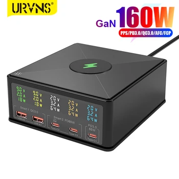 URVNS 160W GaN USB C настолно зарядно устройство с LED дисплей, 6-в-1 безжично зарядно PD 65W QC3.0 захранващ адаптер за станция за бързо зареждане