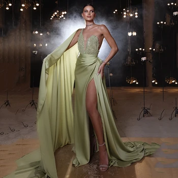 UZN Модерни A-Line вечерни рокли 2023 V-образно деколте едно рамо шифон бала рокля Sequined висока цепка Саудитска Арабия парти рокли