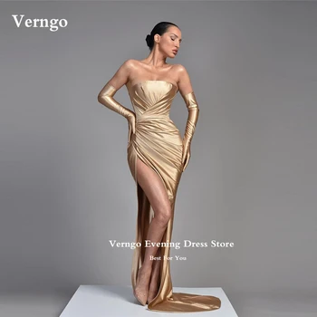 Verngo Секси без презрамки шампанско русалка абитуриентски рокли Дубай арабски жени парти рокля 2023 плисета високо сплит официална вечерна рокля