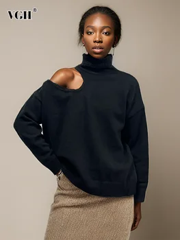 VGH Solid Hollow Out Casual Loose плетене пуловери за жени Поло дълъг ръкав минималистичен пуловер пуловер женски стил