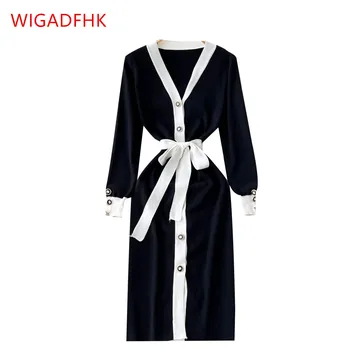 WIGADFHK Една част черен пуловер рокля корейски шик секси v-образно деколте тънък еднореден дълъг ръкав трикотажна рокля елегантни жени