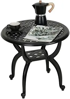  алуминиева външна странична маса, анти-ръжда външна крайна маса, кафе бистро маса за закрито, градина, веранда, балкон (кръгло черно) малък 