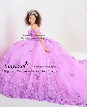 Бална рокля 3D цветя Quinceanera рокли апликации от рамото Sweet 16 рокля дантела нагоре почистване влак vestidos de 15 quinceañe