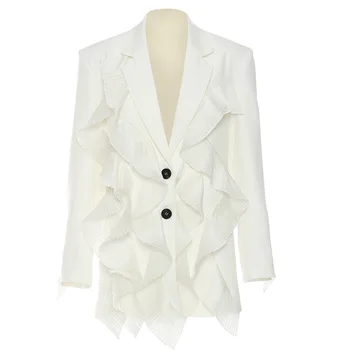Бели жени костюми 1 парче нетактичност модно яке официален офис дама къдри тюл горещо момиче улично облекло палто есен облекло