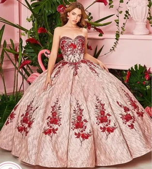Бургундия принцеса Quinceanera рокли топка рокля скъпа апликации дантела сладък 16 рокли 15 Años мексикански