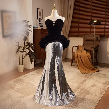 Вечерна рокля без презрамки без ръкави пайети русалка плисе етаж дължина черна дантела нагоре елегантен нов парти официални рокли жена B2804