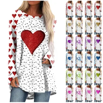 Дамски ежедневни мода Свети Валентин печат дълъг ръкав средна дължина Топ блуза Y2k качулки жени суитчър улично облекло пуловер