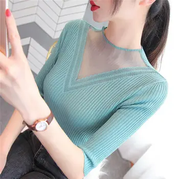 Дамски пролет лято стил дантела блузи риза жените O-образно деколте пачуърк половината ръкав плътен цвят корейски тънък върховете SP083