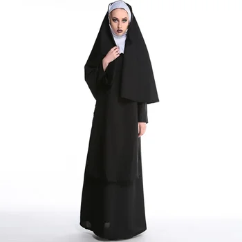 Дева Мария монахини костюми за жени Секси дълги черни монахини костюм арабски религия монах призрак униформа Хелоуин