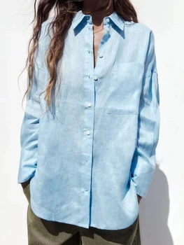 Джобни неправилни блузи Дамско облекло 2023 Есен дълъг ръкав еднореден случаен блуза Дамска мода Прости блузи